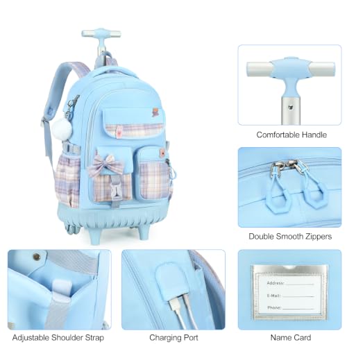 ACESAK Rolling Backpack for Girls - Roller Wheels School bag with Lunch Bag & Pencil Pouch for Teen Girls Kids Wheeled Suitcase Backpacks, Elementary Middle School Travel Daypack (Blue) - color: Blue