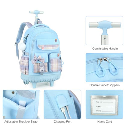 ACESAK Rolling Backpack for Girls - Roller Wheels School bag with Lunch Bag & Pencil Pouch for Teen Girls Kids Wheeled Suitcase Backpacks, Elementary Middle School Travel Daypack (Blue) - color: Blue