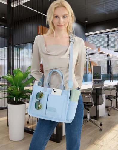 Canvas Tote Bag for Women,Women's Bags Crossbody Bags Work Laptop Tote Bag Large Handbags Purse for Travel Nurse Teacher - color: New Upgrade Light Blue With Compartments and Side Cup Holders