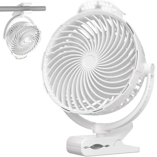 8-Inch Rechargeable Clip on Fan, 10000mAh Portable Camping Fan with LED Light, 9-Speed Ultra Quiet Airflow, 30H Runtime, 360° Rotating Desk Fan for Golf Cart, Bedroom, Office, Dorm, White - color: White