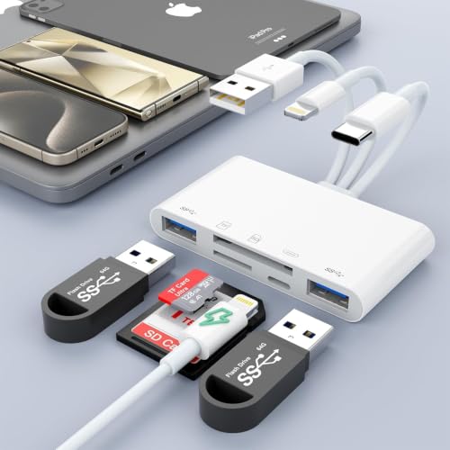 5-in-1 SD Card Reader for iPhone with USB-C, USB-A & OTG Adapter | Lightning, USB-C & USB-A Card Reader with SD/TF Slots, USB Port and Charging for iPhone, iPad, Android, MacBook & PC - color: White