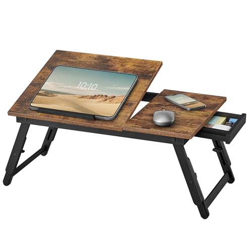 SONGMICS Bed Laptop Desk, Folding Bed Tray, Adjustable Angle and Height | Folding Bed Tray for Laptop up to 15.6 Inches, Portable for Working Reading Writing Breakfast, Drawer, ULLD105B01 - color: Rustic Brown, size: 13.7"D x 21.8"W（Bamboo+MDF）