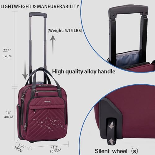 VANKEAN Carry On Underseat 16-inch Multi-functional Underseater Lightweight Overnight Suitcase with Wheels, Roller Case for Men Women Travel Business, Burgundy - color: Burgundy