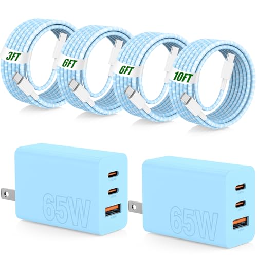 65W Super Fast Charging USB C for iPhone 17 16 Pro Max,3 Port 100W USB C Charger Block & 3/6/6/10FT Braided Type C Cord for iPhone 17 16 Pro,iPhone 15 Pro Max,for Samsung S26 Ultra/MacBook Air-Blue - color: Blue, size: 10FT+6FT+6FT+3FT