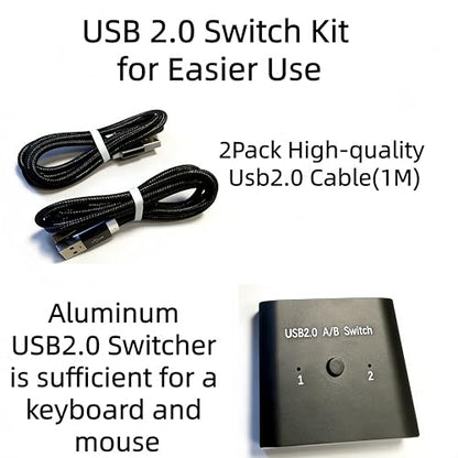 USB2.0 Switch with 2Pack Usb2.0 Cable(1M), Bi-Directional 1 in 2 Out/2 in 1 Out,Aluminum USB Switcher kit for 2Computers Share Devices(Printer, Keyboard, Scanner, Mouse),Compatible with Mac/Win/Linux