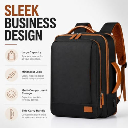 Business Laptop Backpack for Men and Women, Large Capacity Travel Backpack with USB Charging Port, Carry On Work Backpack with Padded Shoulder Straps, Black