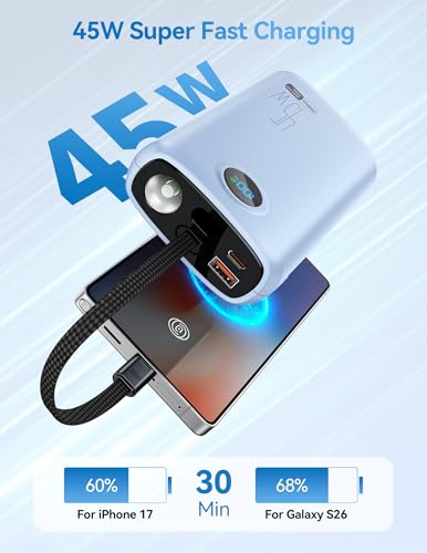 DIAMUAR Portable Charger 20000mAh 45W, Built in USB C Cable, 3W Flashlight | Fast Charging, Digital Display, 3 Ports, All-Day Power, Travel-Ready, for iPhone 17/16/15, Tablet, Laptop, Camping Essentials - color: Blue