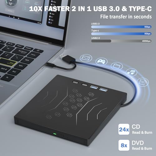 Wbacon 7 in 1 External CD/DVD Drive for Laptop, USB 3.0 External CD Drive | CD DVD +/-RW Disk Drive, Portable CD/DVD Player Burner Reader Writer for Laptop Desktop PC Windows 11/10/8/7/XP Mac Linux - style: External DVD Drive