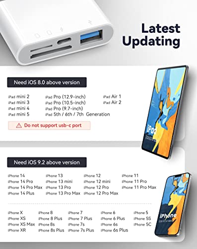 SD Card Reader for iPhone iPad, 4 in 1 Micro SD/SD Card Reader to iPhone Adapter, SD Card Viewer with TF/SD Dual Slot, Portable Camera Memory Card Reader for iPhone with Charging Port, Plug and Play - size: 4 Slots for (Lightning)