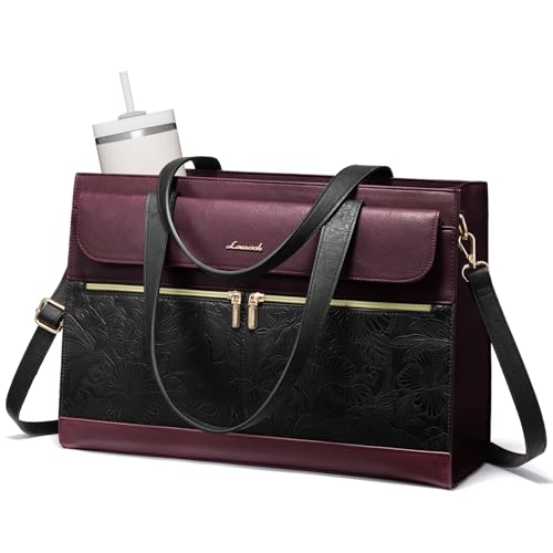 LOVEVOOK Laptop Tote for Women 15.6 Inch, PU Leather Waterproof Work Tote with Large Tumbler Pocket, Peony Embossed Textured Computer Bag, Organized Teacher Office Business Crossbody Handbag - color: Black/Purple-retro, size: 15.6 Inch