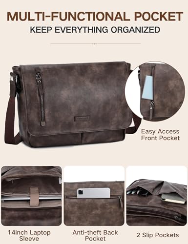 VX VONXURY Messenger Bag for Men, Pu Leather 14 Inch Laptop Briefcase Bag for Work Bussiness and School,Coffee - color: 14inch Coffee