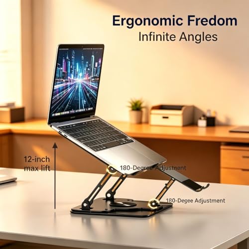 Laptop Stand for Desk with Quiet Cooling Fans - 360 Rotating Base Ergonomic Computer Stand, Aluminum Laptop Riser Foldable Protable for Office Home fits MacBook Air Pro, Dell, HP (10-17.3'') (pink) - color: pink