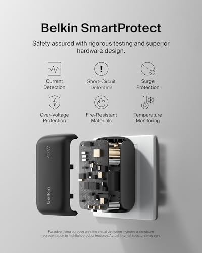 Belkin Dual Port Charger Block 42W, USB-C + USB-A Charger Super Fast Charging - Samsung Galaxy S26, Apple iPhone 17, Air, Pro, Pro Max, iPad, AirPods, Apple Watch, Nintendo Switch 2 & More - Black - color: Black