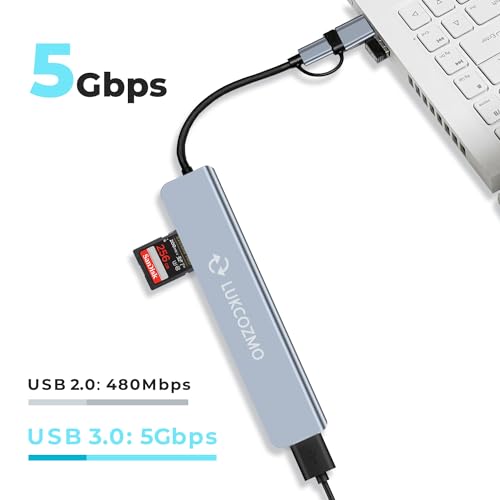 7-in-1 USB C Hub with 4 USB 3.0 Ports SD/TF Card Reader | Compatible with MacBook, iPad Pro, Dell, HP Laptops, Phones, Audio Output, Aluminum Shell, Plug and Play - color: Space gray