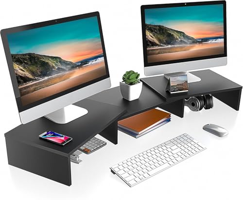 FITUEYES Dual Monitor Stand Riser, Adjustable Length and Angle, Black | Wooden 3-Shelf Design, Supports up to 55lbs, Flexible for Standard Corner Space, Holds Monitor, Laptop, Phone, Printer - color: Black
