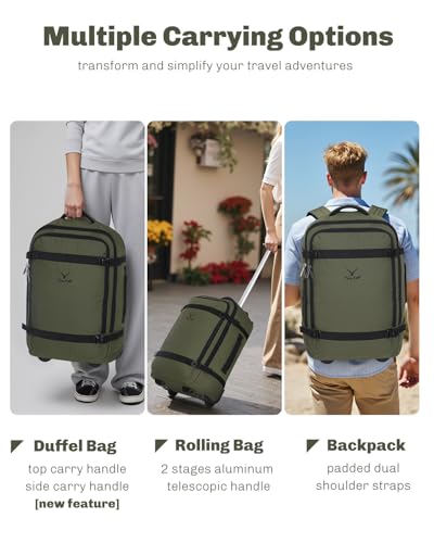Hynes Eagle Rolling Backpack 42L Backpack with Wheels Airline Approved Carry on Luggage Laptop Travel Suitcase Bag for Women Men Dark Green - color: Dark Green