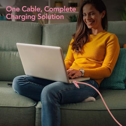 MFish 240W 4-in-1 Charging Cable with Carrying Case, 6.6FT Fast Charger USB-A & USB-C to USB-C/Lightning, for iPhone 17/16/15/14, MacBook, iPad, Samsung S25/S24 (Pink, 6.6Ft) - color: Pink, size: 6.6Ft