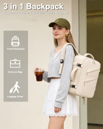 Capolo Travel Laptop Backpack Women Men Personal Item Weekender Travel Bag | 22L Flight Approved,Waterproof Overnight Bag,College Bookbag,Work,1-2 Day Travel,Fits 15.6" Laptop (Small,Beige) - color: Beige, size: Small