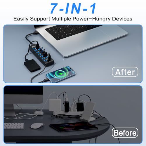 7-Port USB 3.2 Hub, Data USB Hub Splitter with Individual On/Off Switches and Lights, Compatible with Laptop, PC, MacBook, Mac Pro, Mac mini, iMac, Surface Pro and More
