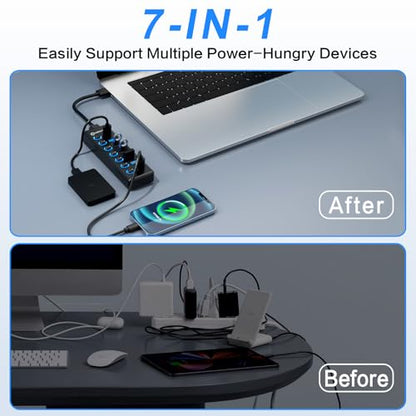 7-Port USB 3.2 Hub, Data USB Hub Splitter with Individual On/Off Switches and Lights, Compatible with Laptop, PC, MacBook, Mac Pro, Mac mini, iMac, Surface Pro and More