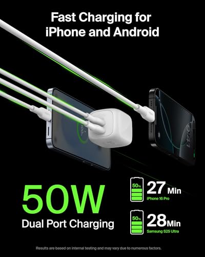 Belkin 2-Port USB C Charger Block 50W, Dual-Port GaN Charger w/ 2X USB C Ports & Included 1M C-C Cable, Fast Charging for MacBook, iPhone, iPad, Chromebook, Galaxy, Pixel - Travel Essentials - White - style: Single Pack + USB-C Cable