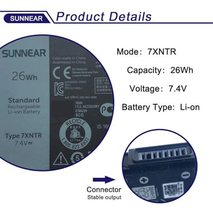 7XNTR J7HTX Battery for Dell Latitude 12 7202 7212 Rugged Extreme Tablet | 2-Cell 7.4V 26Wh 3420mAh; P/N: 07XNTR FH8RW 0FH8RW - size: 9.65*3.11*1.34 inches 7XNTR