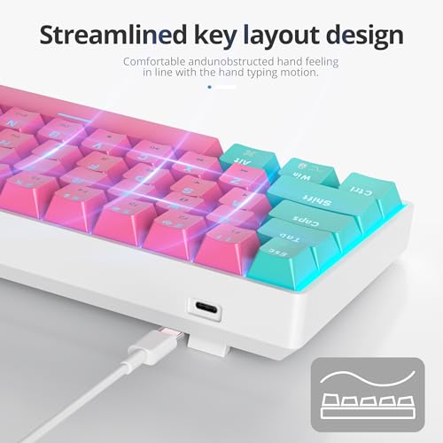 Portable 60% Mechanical Gaming Keyboard, 60 Percent Red Switch LED Backlit, 61 Keys Mini Pink USB Wired Office Keyboard for Windows Mac Laptop PC - color: 61 Miami/Red Switch