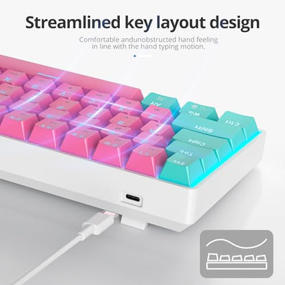 Portable 60% Mechanical Gaming Keyboard, 60 Percent Red Switch LED Backlit, 61 Keys Mini Pink USB Wired Office Keyboard for Windows Mac Laptop PC - color: 61 Miami/Red Switch