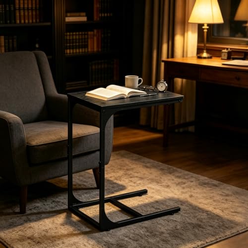 WLIVE C Shaped End Table, Small Couch Side Tables with Metal Frame, Sofa Table TV Tray for Living Room, Bedroom, Relief Black - color: Relief Black