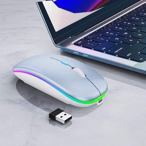 WREANU Wireless Bluetooth Mouse Rechargeable Laptop Mice with LED Lights Silent Slim Use(BT5.2 and 2.4G Portable USB) Dual Mode Computer Mouse for Laptop/iPad/Tablet/Apple/Computer/Mac (Blue) - color: Blue