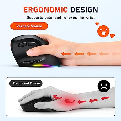 MEETION Ergonomic Wireless Vertical Mouse, Rechargeable, Black | Bluetooth 5.2 + 3.0 and USB connectivity, RGB backlight, 4 DPI adjustment, compatible with Windows, Mac, Android, PC and iPad - color: Right Black