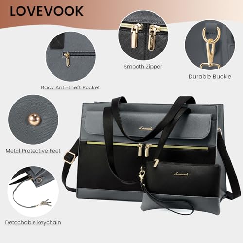 LOVEVOOK Laptop Tote for Women - 15.6 Inch Professional Leather Computer Briefcase - Waterproof Shoulder Bag - Large Capacity Business Teacher Office Bag - Crossbody Purse - color: 1# Black/Iron Gray, size: 15.6 Inch