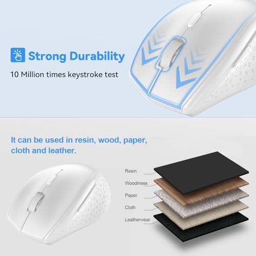 TECKNET Bluetooth Mouse, Wireless 6 Buttons 2-Yr Battery, White | BT 5.0/3.0, 6-Level DPI to 4800, Wide OS Compatible, Ergonomic for M/L Hands, Extended Battery - color: White