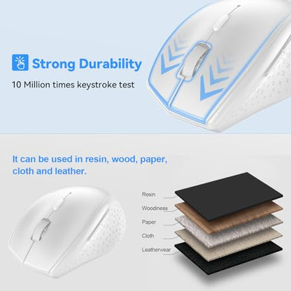 TECKNET Bluetooth Mouse, Wireless 6 Buttons 2-Yr Battery, White | BT 5.0/3.0, 6-Level DPI to 4800, Wide OS Compatible, Ergonomic for M/L Hands, Extended Battery - color: White