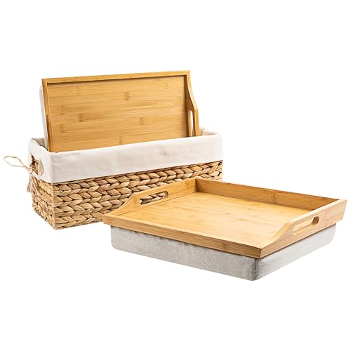 ROSSIE Home Wood Lap Tray – Natural Bamboo, 2-Pack with Storage Basket - color: Natural Bamboo, size: 2-Pack with Basket