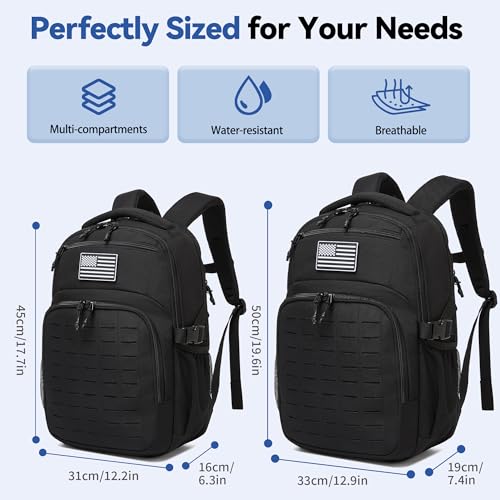 Wotony Military tactical backpack Laser-Cut MOLLE Webbing, backpack for men black small tactical assault bag (Black, 18.5 inch) - color: Black, size: 18.5 inch
