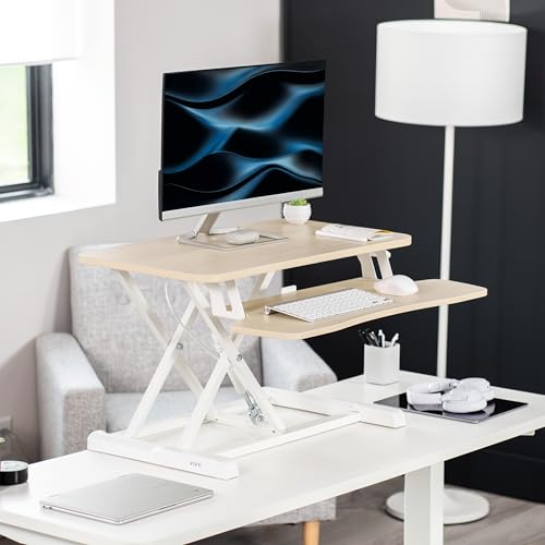 VIVO Light Wood 28 inch Standing Desk Converter, DESK-V028KF | Height Adjustable, Stand Up Desk Riser, Wide Keyboard Tray, Dual Monitor and Laptop Workstation, White Frame, K Series - color: Light Wood, size: 28"