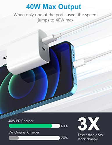 USB C Charger, 40W iPhone Charger Dual Ports Type C Fast Charger with MFi Certified USB-C to Lightning Cable & USB-C to USB-C Cable for iPhone 13/13 Pro/12/11/XR/XS/X/8, Galaxy, Pixel