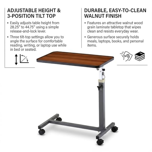 NOVA Overbed Tilt-Top Table with Locking Swivel Wheels, Height Adjustable Bedside Table, 3-Position Tilt Walnut Wood Grain Top, Durable Steel Base, Easy Assembly, Bedside Laptop & Meal Table - style: Tilt Top