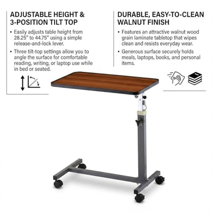 NOVA Overbed Tilt-Top Table with Locking Swivel Wheels, Height Adjustable Bedside Table, 3-Position Tilt Walnut Wood Grain Top, Durable Steel Base, Easy Assembly, Bedside Laptop & Meal Table - style: Tilt Top