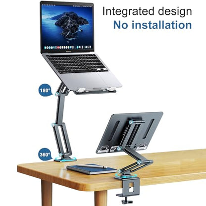 Laptop Stand Desk Mount, Aluminum Adjustable Laptop Arm with Tray | 360° Rotatable Ergonomic Computer Holder for 11-15 Inch Laptops & Tablets, Relieve Neck Strain for Sitting & Standing Work - color: Grayish Green