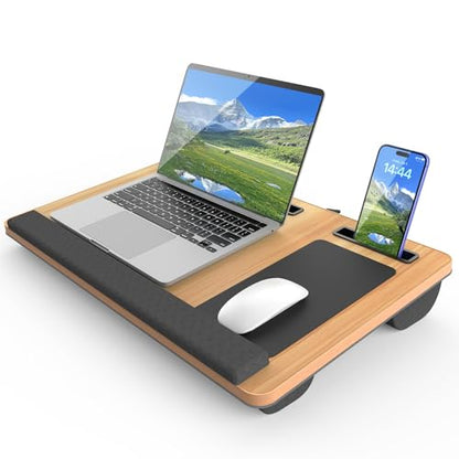 Laptop Lap Desk, Portable Large Laptop Desk for Bed, Up to 17 in Laptop Table with Wrist Rest, Mouse Pad, Tablet Phone Slot, Portable Handle, Laptop Lap Table with Cushion (Black and Light Brown)