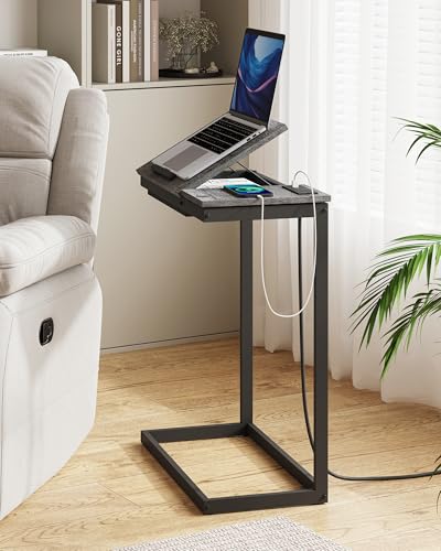 TUTOTAK Large C Shaped End Table, Side Table with Charging Station C Table | Tilting Laptop Stand with Storage, Computer Couch table for Living Room, Bedroom, Charcoal Grey TB01BY090 - color: Charcoal Grey, style: Plug