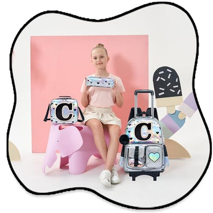 HTgroce Cute Rolling Backpack with Wheel,School Backpack for Kids Girl Roller Schoolbag Wheeled Backpacks Set Carry-on Luggage,Initial C - color: Silver, style: C