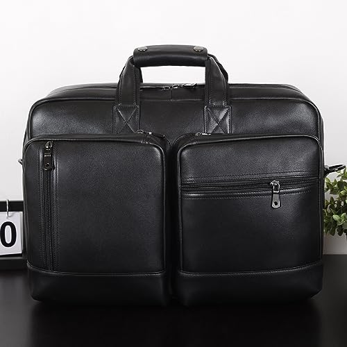 Masa Kawa Expandable Leather 17" Laptop Travel Messenger Duffel Bag Men | Large Overnight Weekend Business Trip Duffel Bags with Luggage Strap, Crossbody Shoulder Computer Briefcase - color: Black