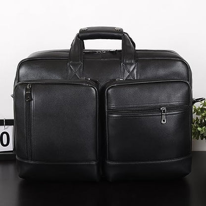 Masa Kawa Expandable Leather 17" Laptop Travel Messenger Duffel Bag Men | Large Overnight Weekend Business Trip Duffel Bags with Luggage Strap, Crossbody Shoulder Computer Briefcase - color: Black
