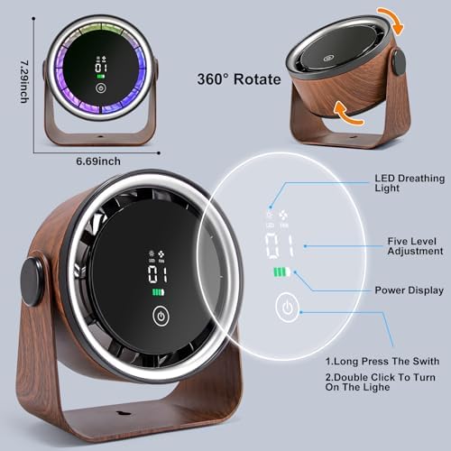 Small Desk Fan 5000mAh Rechargeable Battery – Retro Low Noise Portable Table Fan with 5 Speeds, 360° Rotation, LED Night Light – Perfect for Office Bedroom Kitchen Dorm Camping Wall Mountable-Walnut - color: Walnut