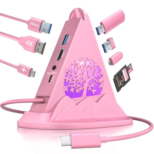 Pink USB C Hub, 8-in-1 USB C Multiport Adapter with 4K@60Hz HDMI, 100W Power Charging, 5Gbps Type C, 3 USB-A 3.0, SD/TF Slots& RGB Lighting, Pink Type C Hub for MacBook, iPhone17, iPad, XPS(Tree) - color: 2-Pink Tree With Base