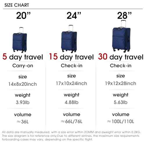 LIGHTGO 3 Piece Set Ultra Lightweight Softshell Suitcase with TSA Lock & 360° Silent Wheels - Water-Resistant, Expandable Luggage in 20in, 24in, 28in Sizes for Easy Travel(Navy Blue) - color: Navy blue, size: 3 pack