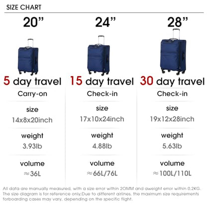 LIGHTGO 3 Piece Set Ultra Lightweight Softshell Suitcase with TSA Lock & 360° Silent Wheels - Water-Resistant, Expandable Luggage in 20in, 24in, 28in Sizes for Easy Travel(Navy Blue) - color: Navy blue, size: 3 pack